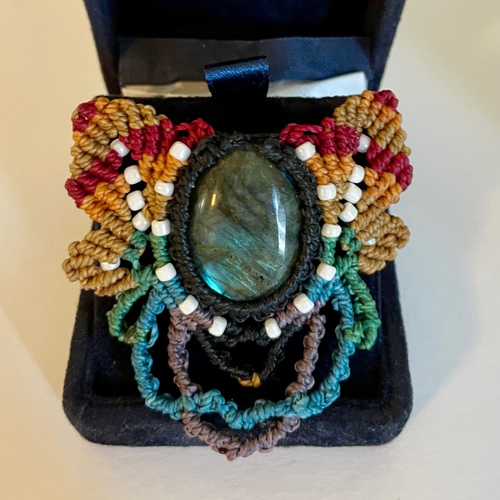 Rainbow Macrame Labradorite Brooch, Handmade